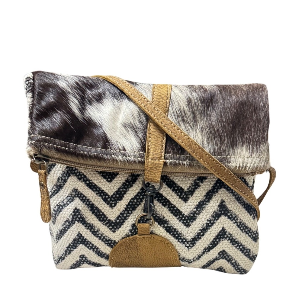 Myra Bag Crossbody Womens Small Tan Black White Chevron Cowhide Leather